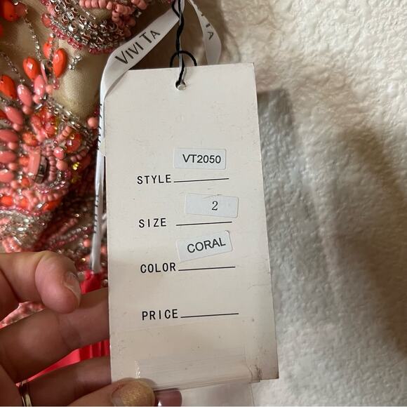 Vivi Ta orange coral beaded strapless chiffon fit and flare dress NEW 2 - Picture 5 of 6